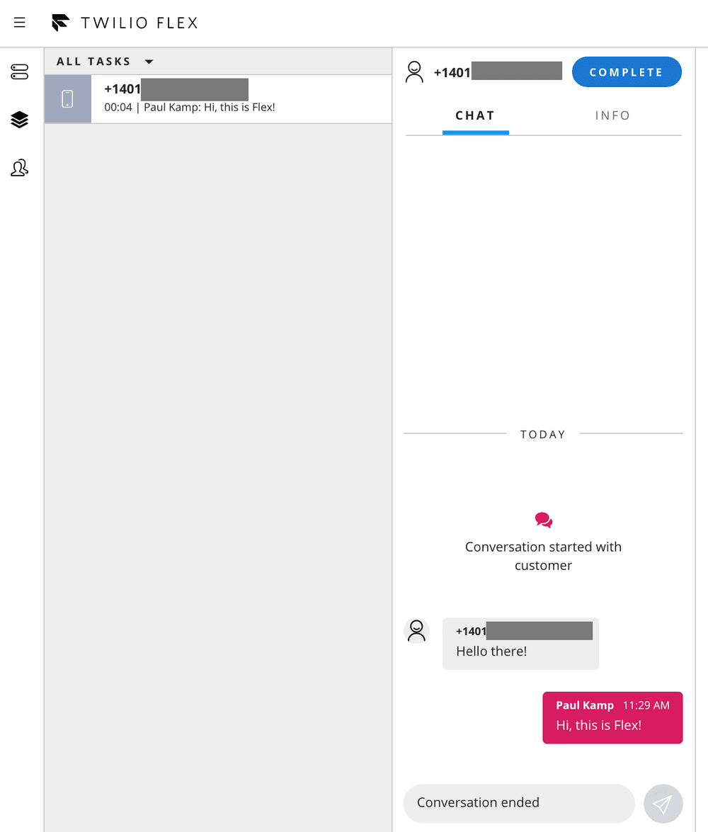 Twilio Flex interface showing an incoming chat request from a customer.