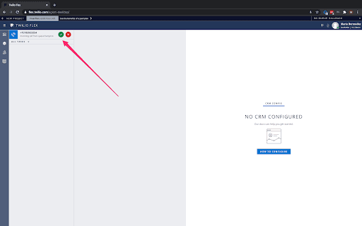 Twilio Flex interface with accept call button highlighted.