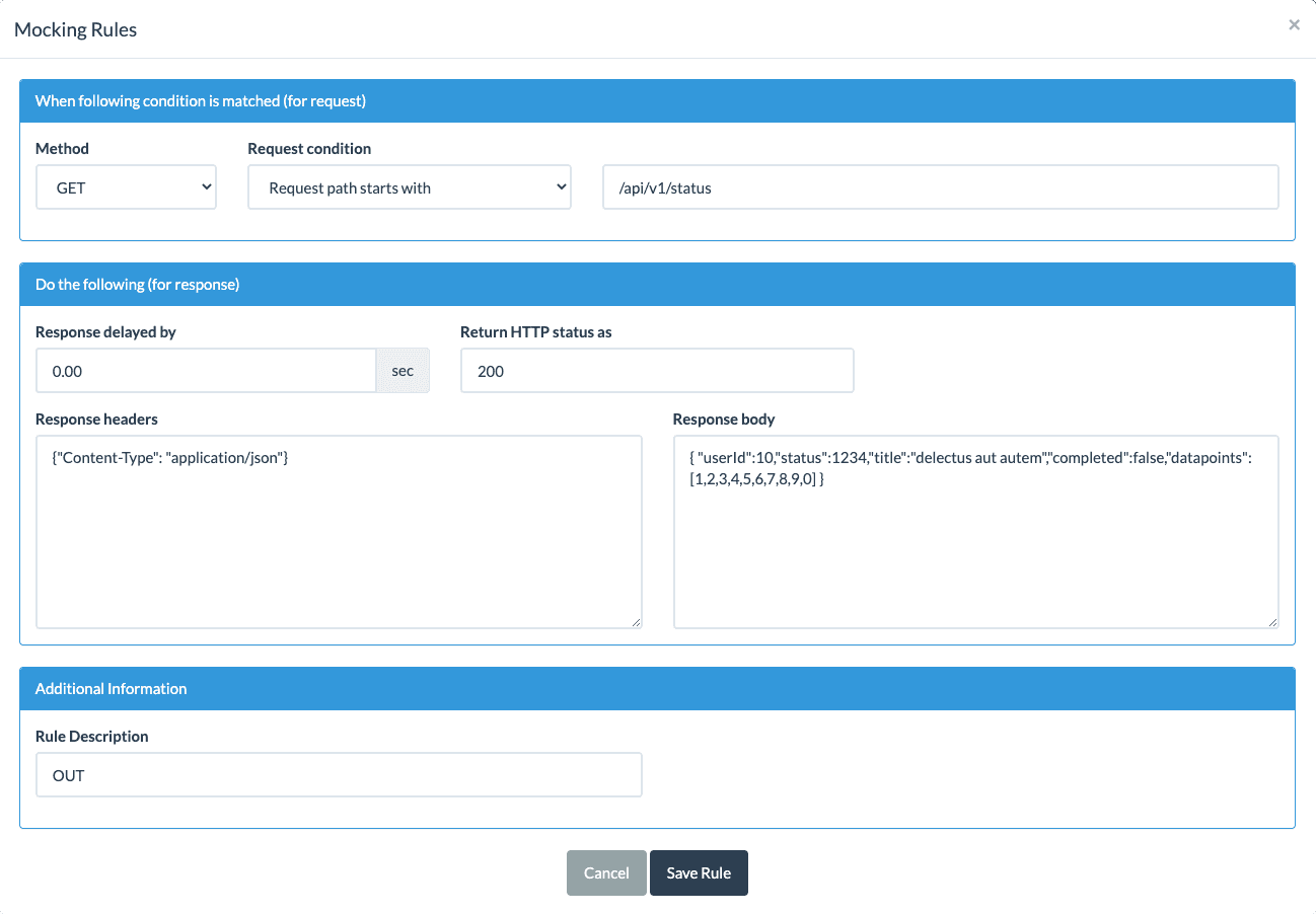 The Beeceptor mocking rules panel.