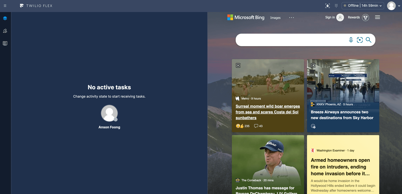 Twilio Flex dashboard with no active tasks and Microsoft Bing news feed.