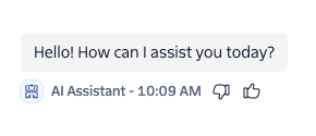 AI Assistant message with thumbs up and down feedback options.