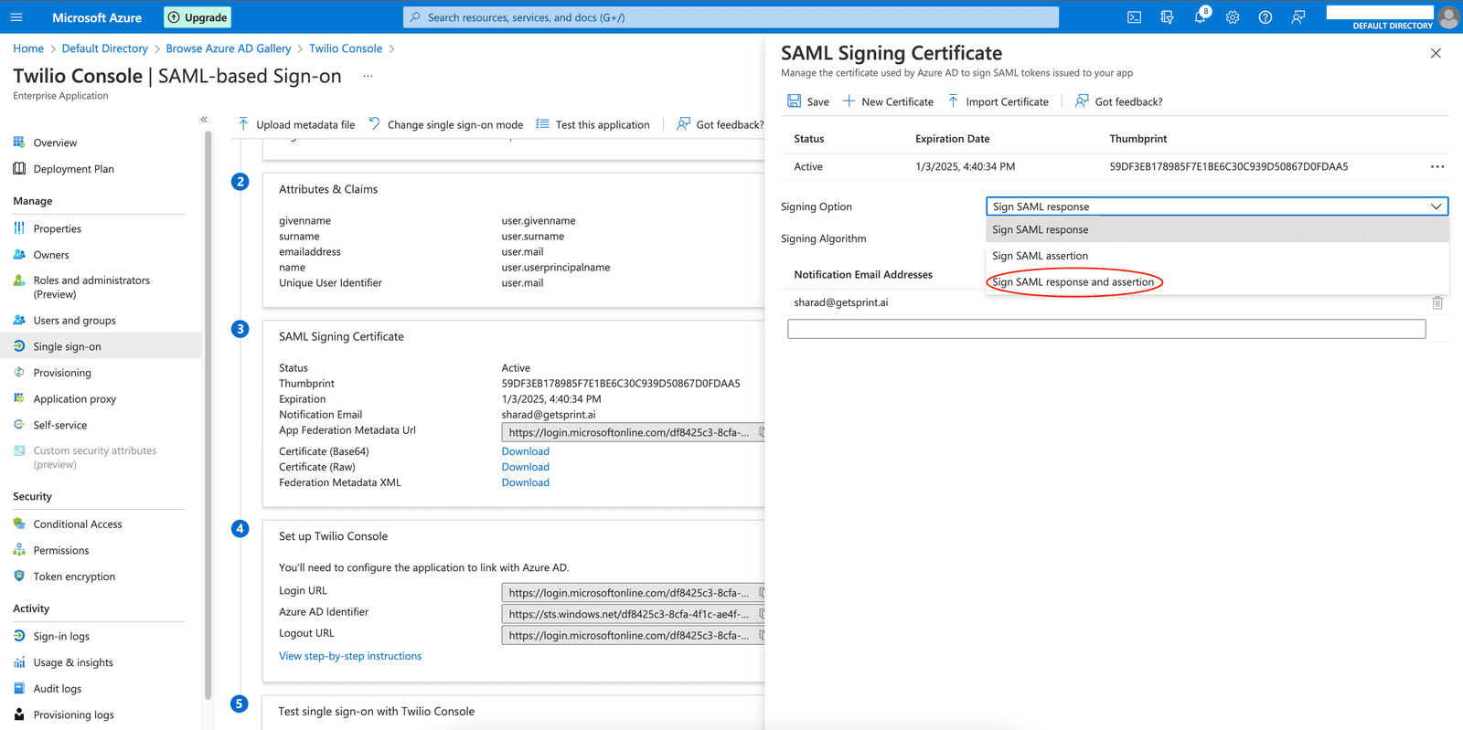 SSO-AzureAD-Signing Option Configuration.
