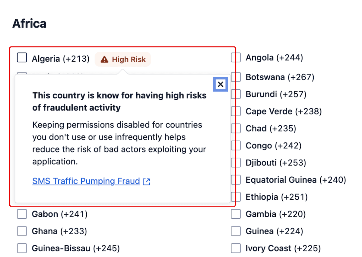 Algeria marked high risk for SMS fraud with warning about fraudulent activity.
