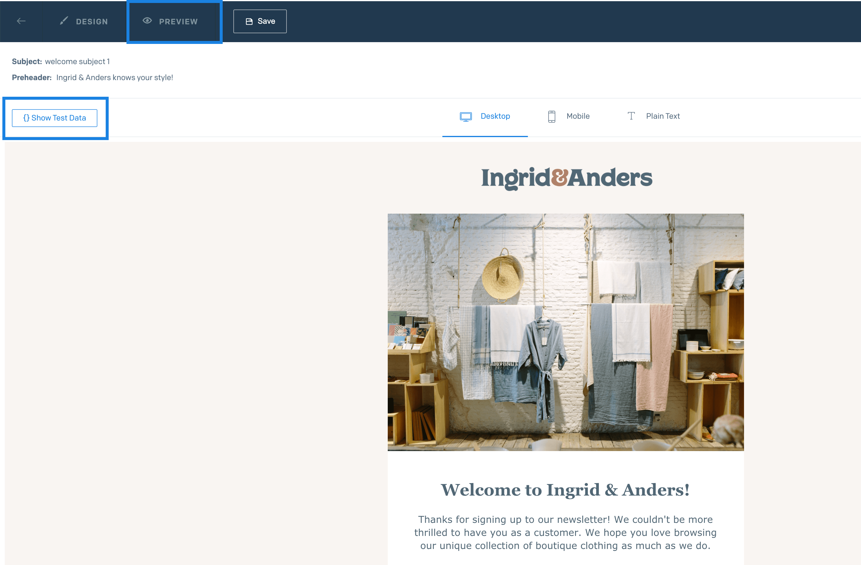 The Design Editor's Preview tab with the Show Test Data button highlighted.