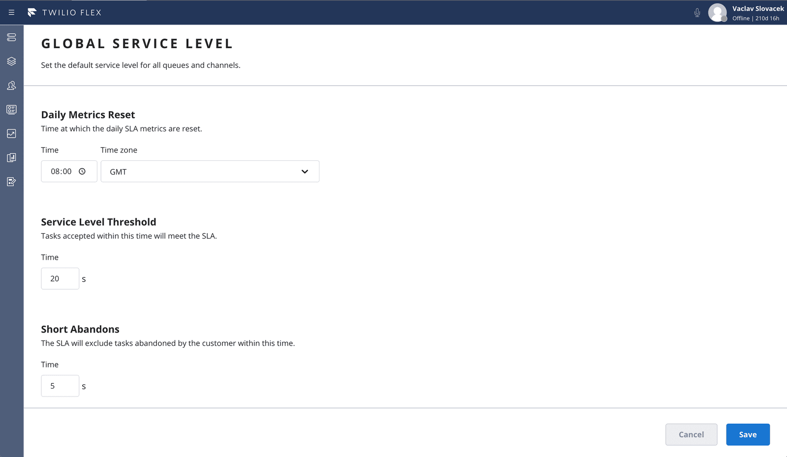 Twilio Flex global service level settings with daily metrics reset, service level threshold, and short abandons.