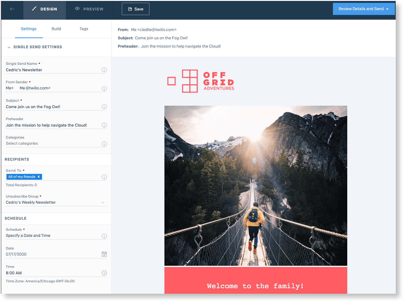 Email design editor showing a newsletter preview with a hiker on a bridge and 'Off Grid Adventures' logo.
