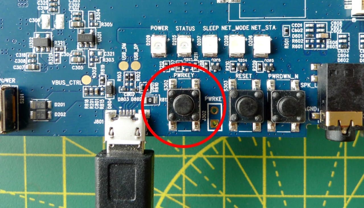 Press the button marked PWRKEY to power up the modem.