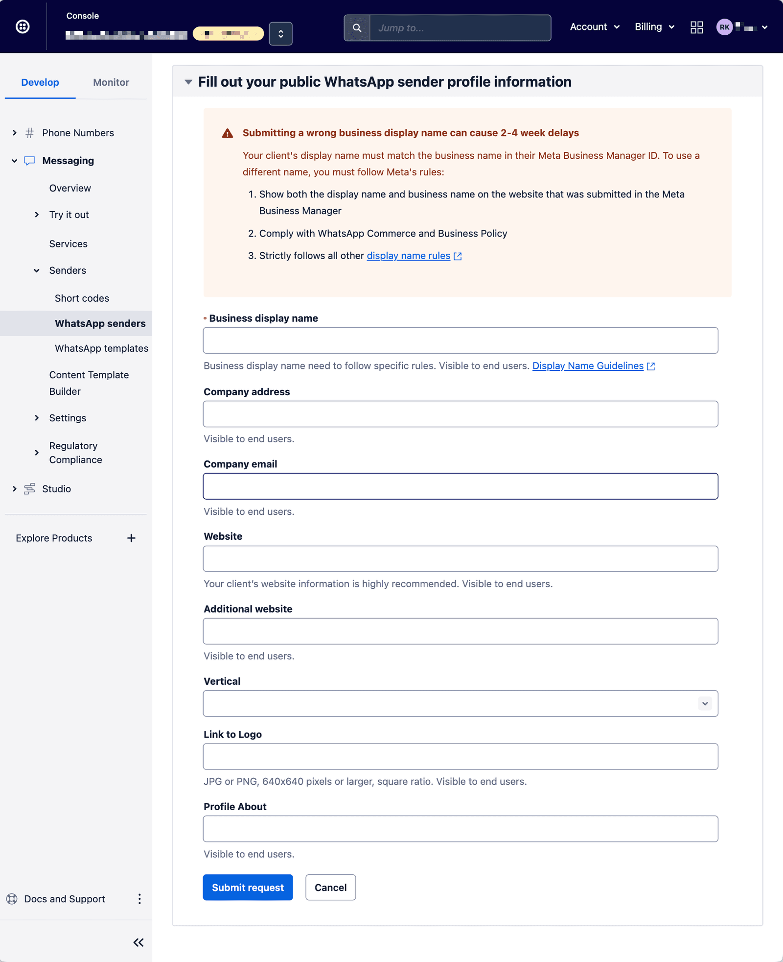 WhatsApp sender profile form with fields for business display name, address, email, and logo link.