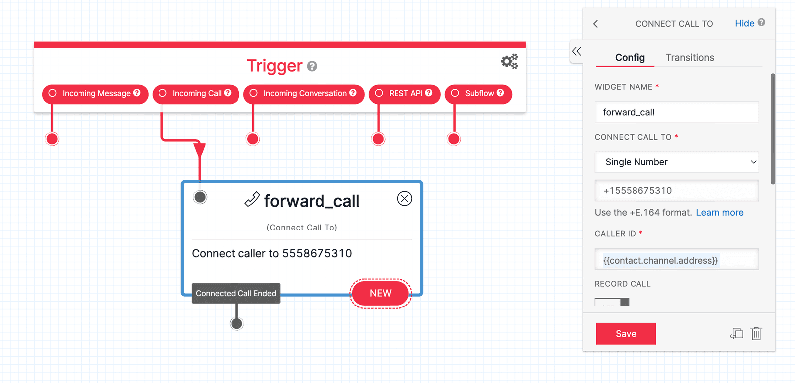 Twilio Studio Tutorial Forward Calls Connect Call To widget on Canvas shown with configuration panel on the right.