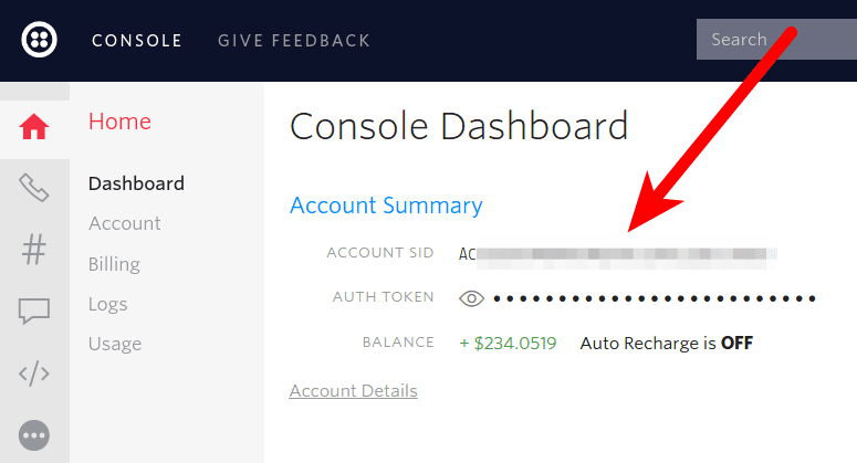 Twilio Console Dashboard showing account SID and auth token.