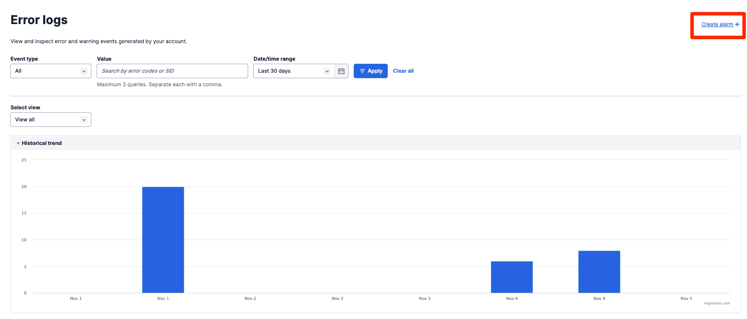 View of the Error Logs page within Twilio Console, highlighting the location of the new Create Alarm button.