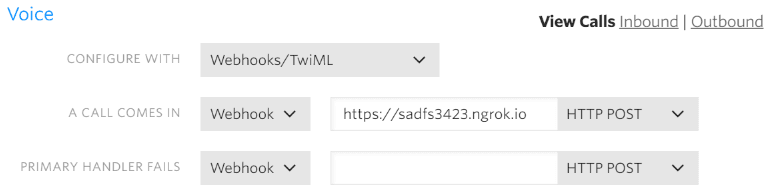 Twilio voice settings with webhook URL and HTTP POST method.