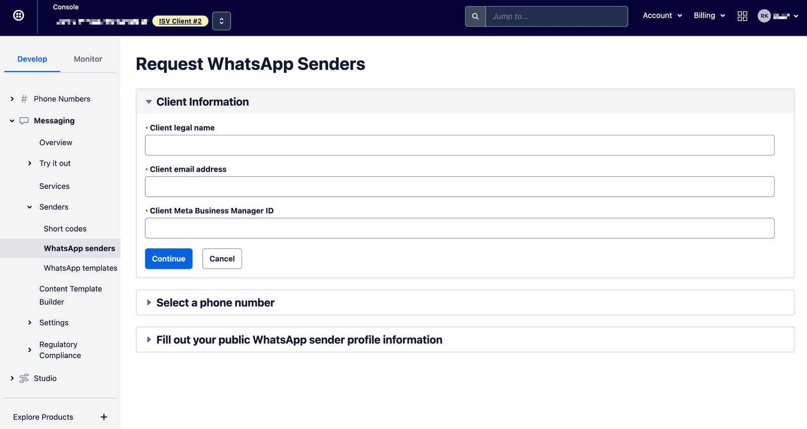 Form to request WhatsApp senders with fields for client legal name, email, and Meta Business Manager ID.
