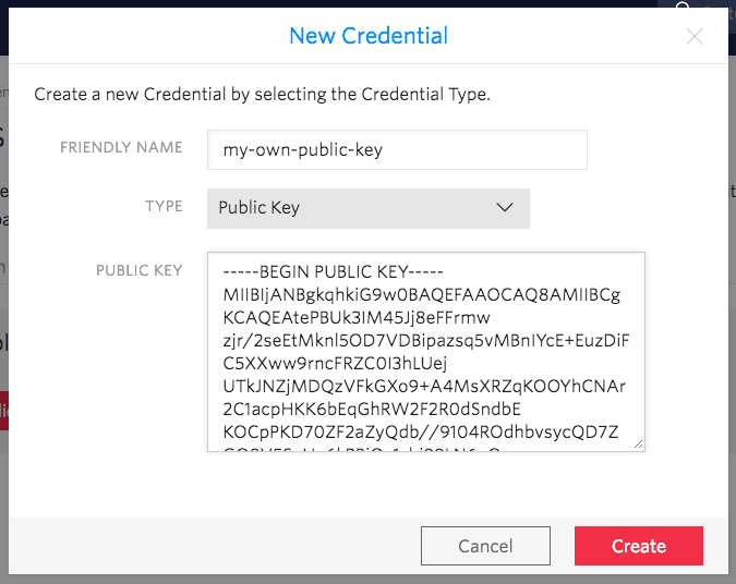 New credential creation form showing fields for friendly name, type, and a public key, with options to cancel or create.