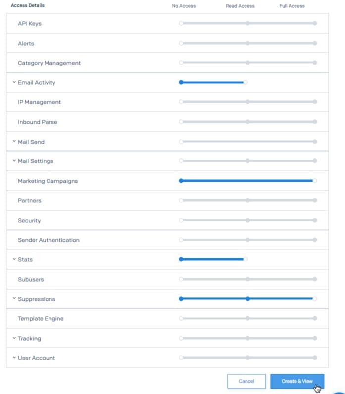 Access levels form with sliders for email activity, marketing campaigns, stats, and suppressions.