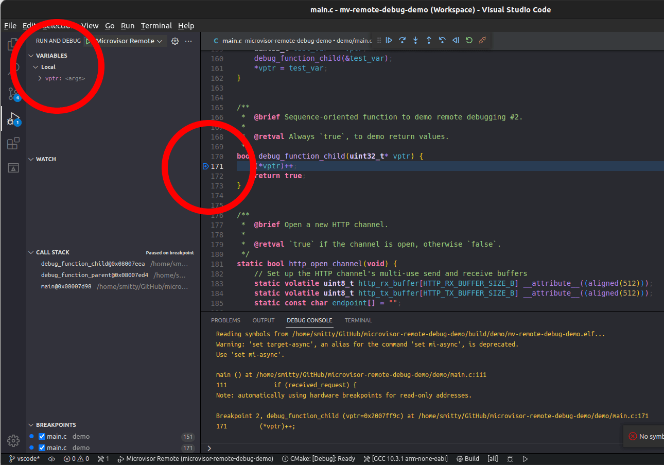 Microvisor Remote Debugging with VSCode: set breakpoints and check variables.