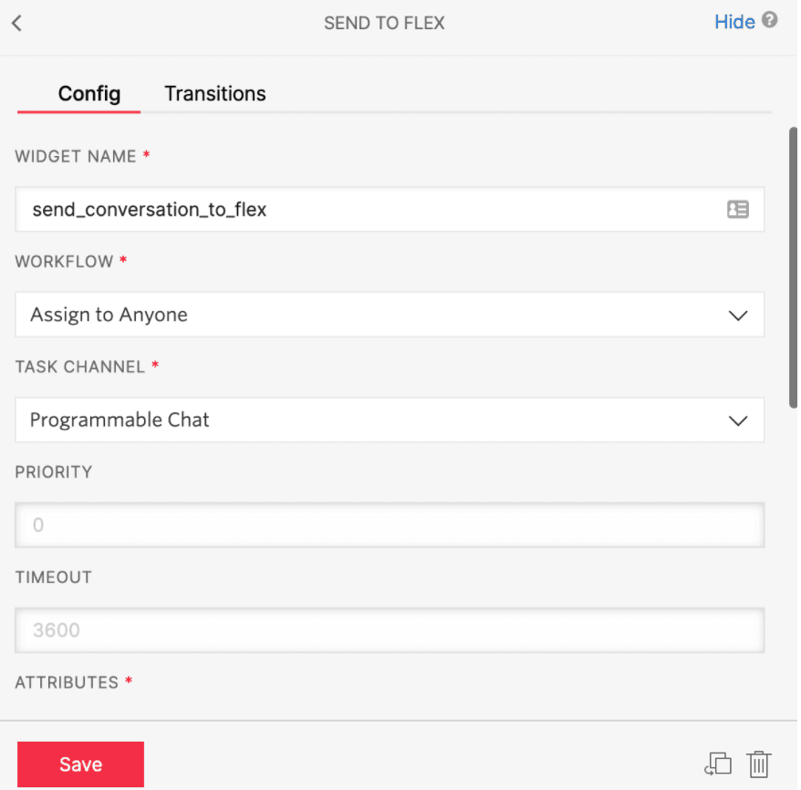 Config tab showing widget name, workflow, and task channel set to Programmable Chat.