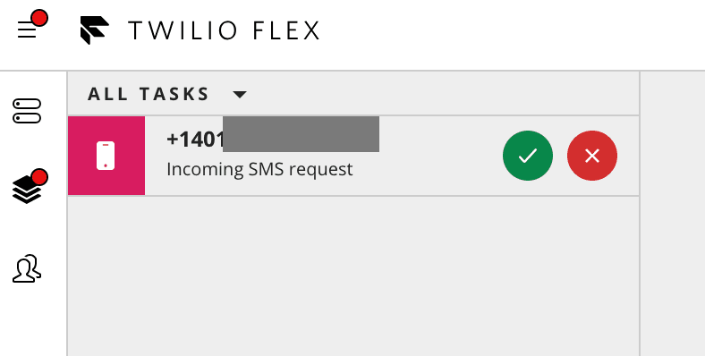 Twilio Flex interface showing an incoming SMS request with accept and reject options.