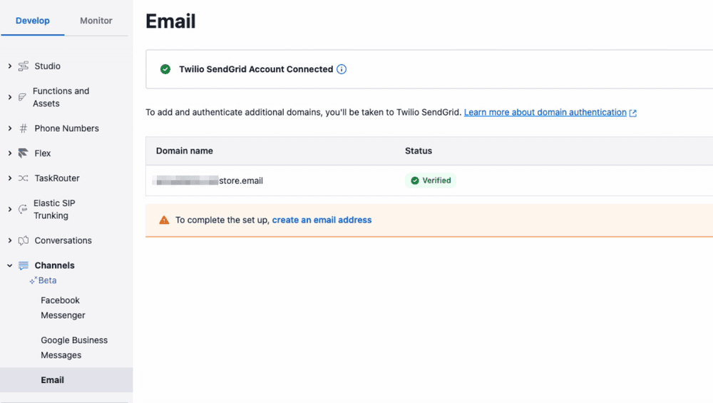 Twilio SendGrid account connected with one verified domain and prompt to create an email address.