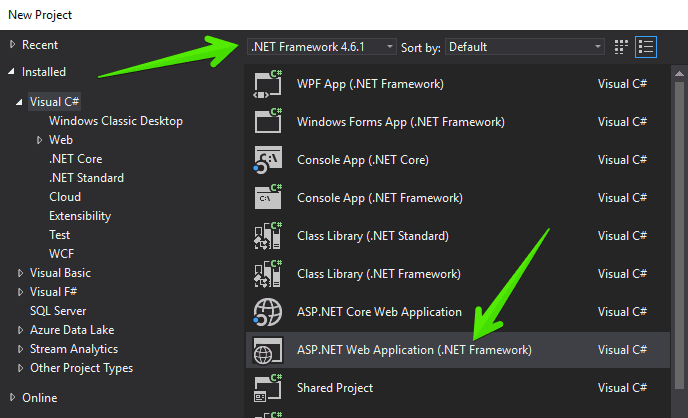 Visual Studio New ASP.NET Web Application (.NET Framework).