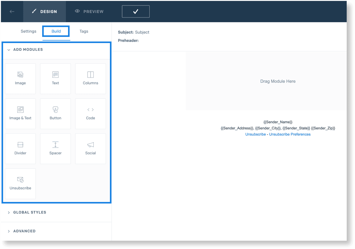Email design editor with drag-and-drop modules like text, , and button.