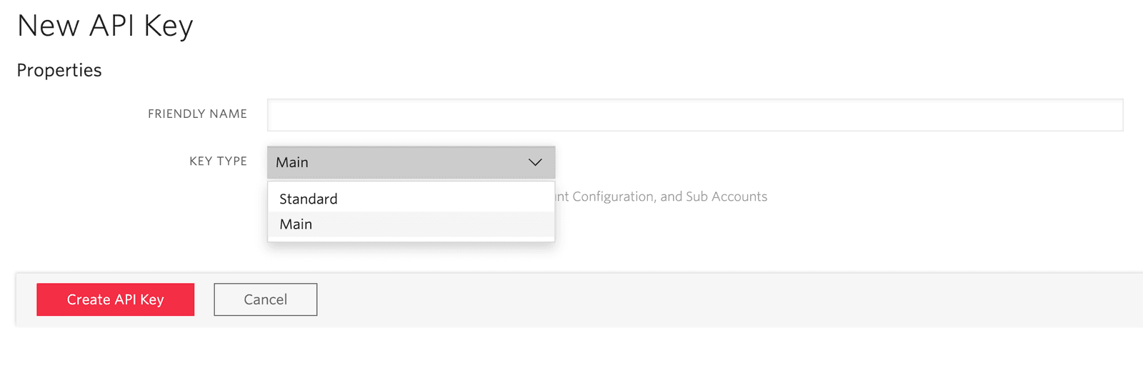Form to create a new API key with fields for friendly name and key type selection.