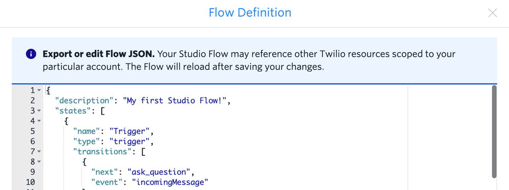 Studio Flow JSON with trigger and transition details.