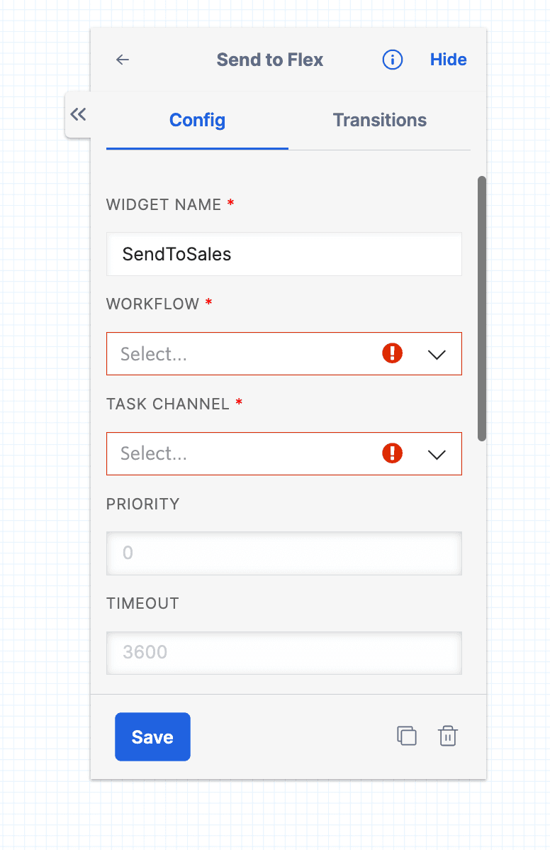 SendToSales widget configuration with fields for workflow, task channel, priority, and timeout.