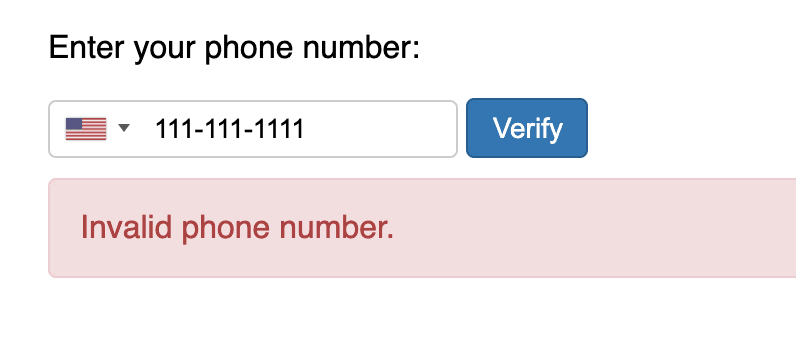 Phone number entry with error message 'Invalid phone number.'.