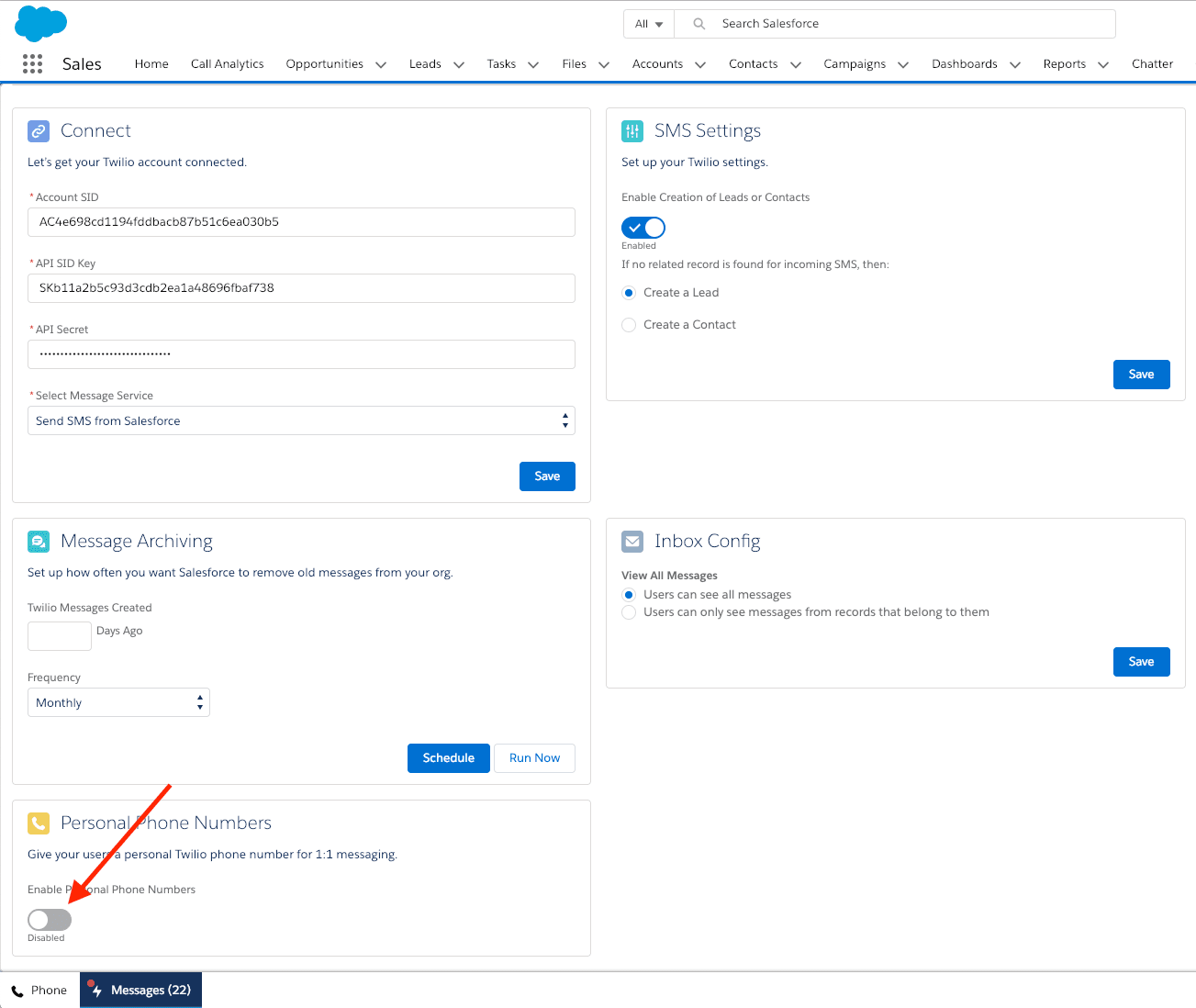 Twilio for Salesforce interface showing personal phone numbers with an 'Add New' button highlighted.