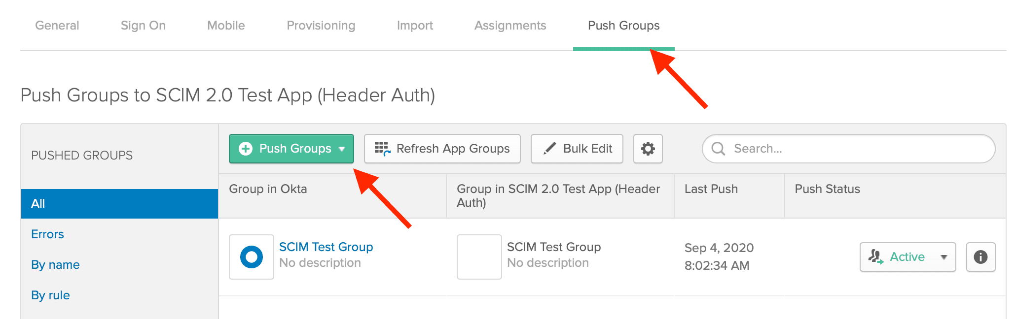 Screenshot of the Push Groups tab, with the Push Groups button selected.