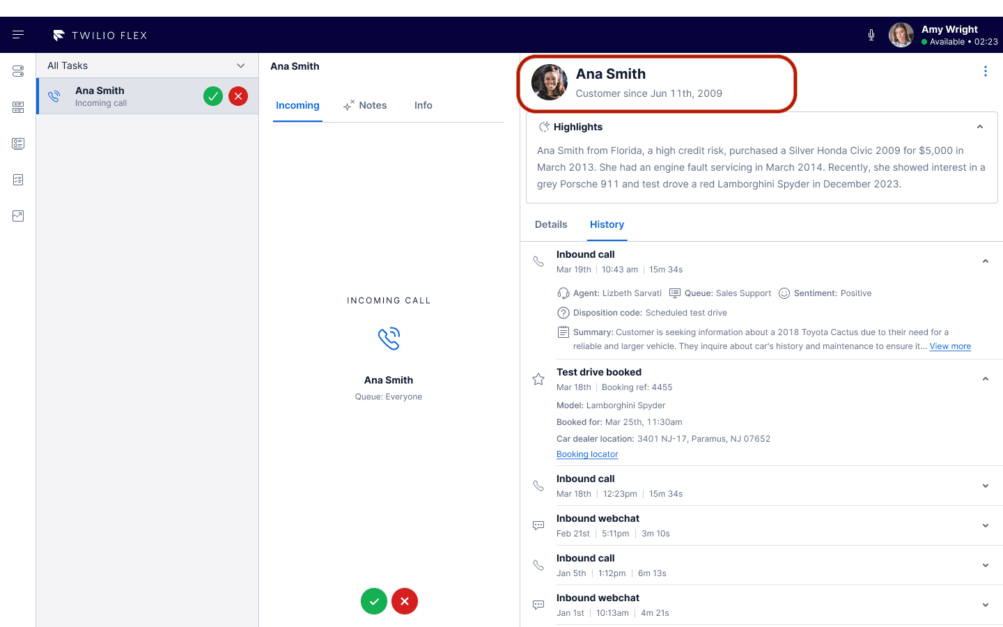 Flex UI with Ana Smith's profile highlighted, showing customer history and incoming call details.