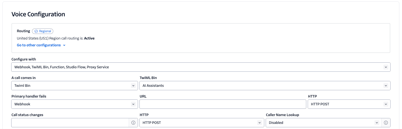 Twilio Voice Configuration with AI Assistants TwiML Bin for incoming calls.