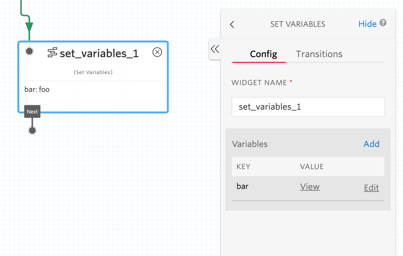 Studio Set Variables widget with key 'bar' and value 'foo'.