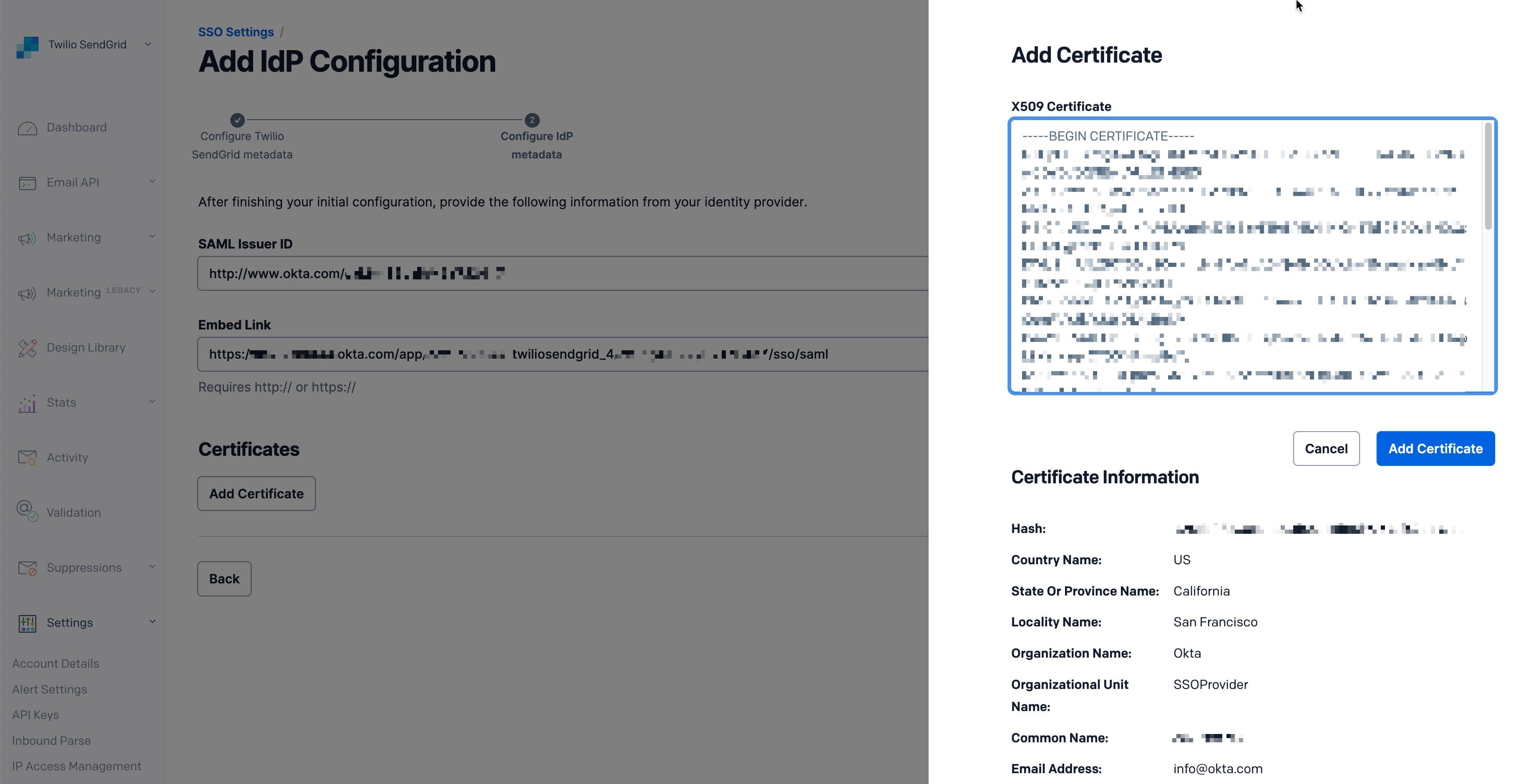 Interface for adding an X509 certificate in Twilio SendGrid with certificate details form.