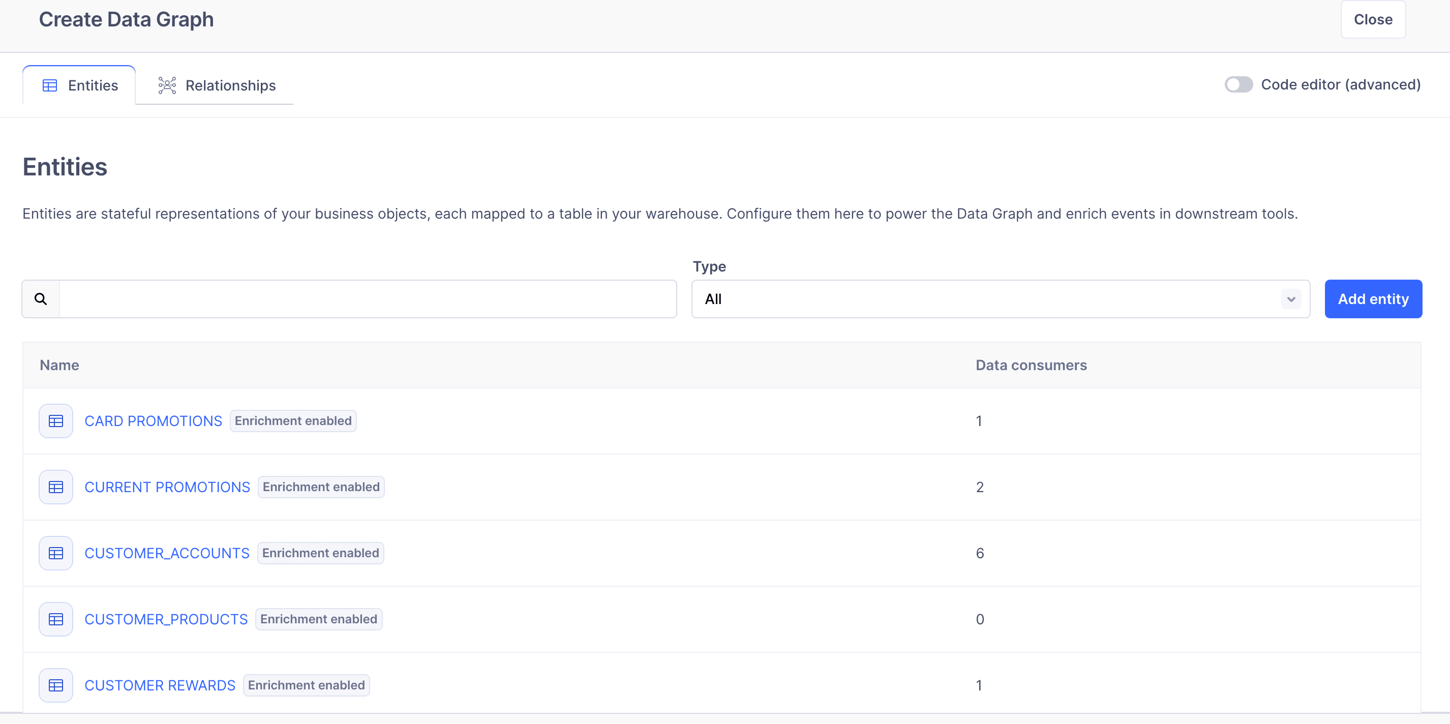 The Entities tab when creating the Data Graph.