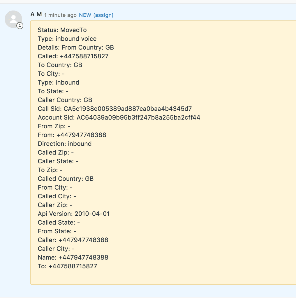 Inbound voice call details with status, type, caller, and country information.