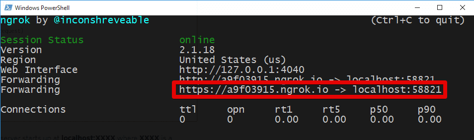 Ngrok session online, forwarding to localhost:58821.