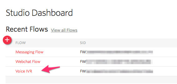 Studio dashboard showing recent flows with Voice IVR highlighted.