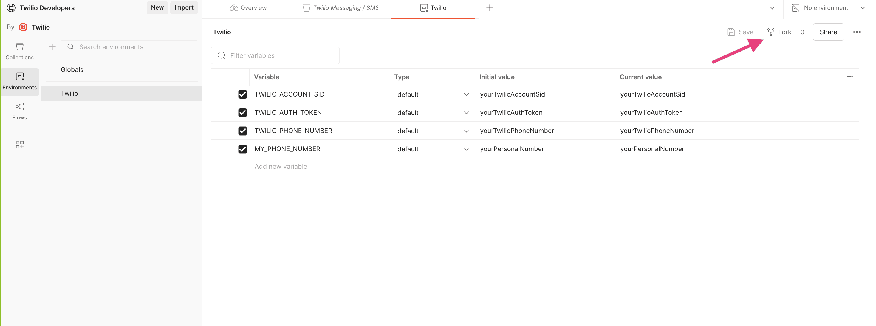 Twilio environment variables with highlighted fork button.