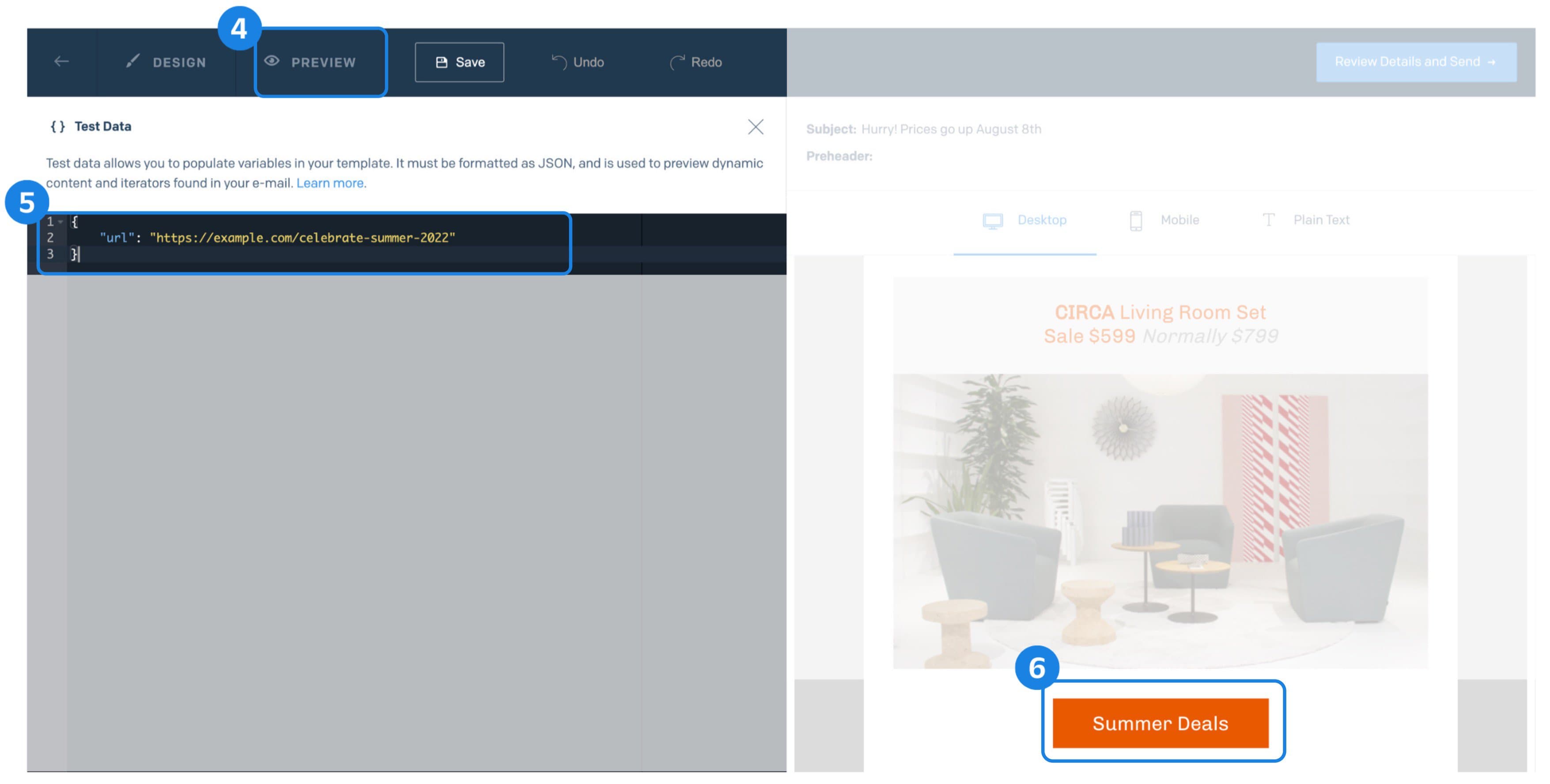The Twilio SendGrid Design Editor in Preview mode with the test data window open.