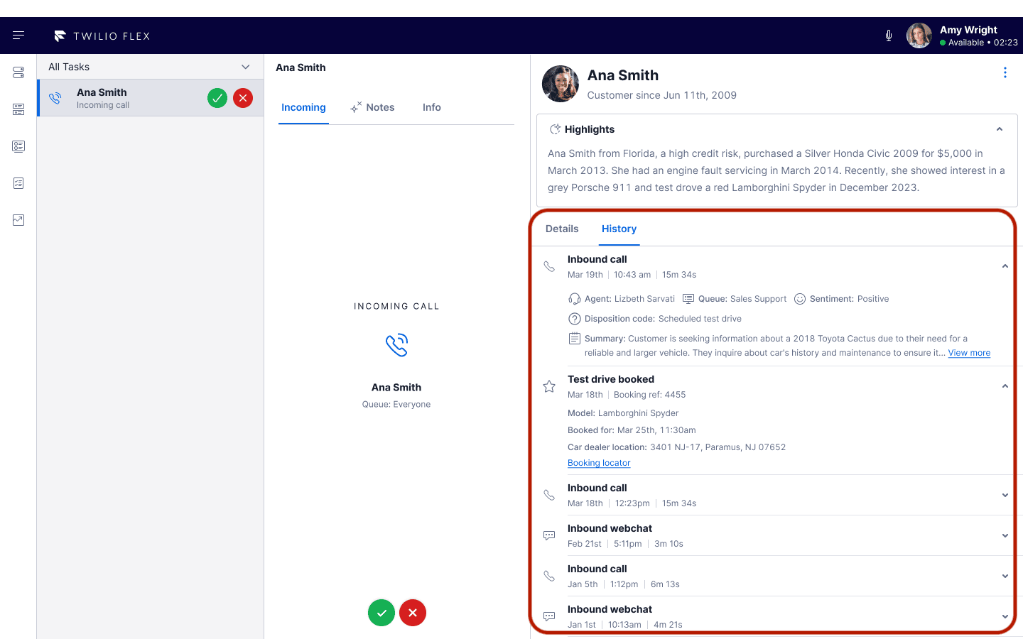 Twilio Flex UI showing Ana Smith's task history with details of calls and test drive bookings.