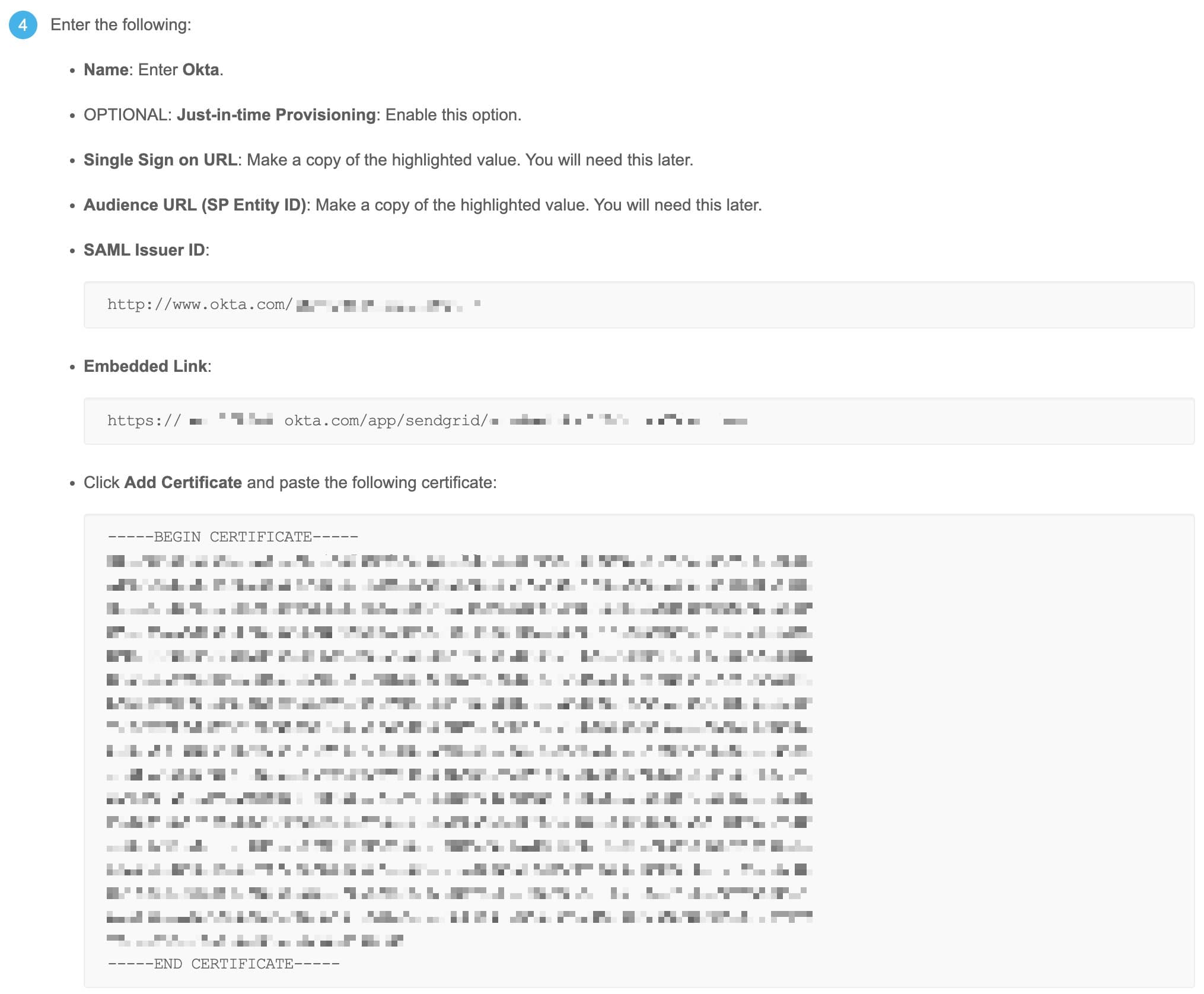 Instructions for entering Okta IdP values, including SAML Issuer ID and certificate details.
