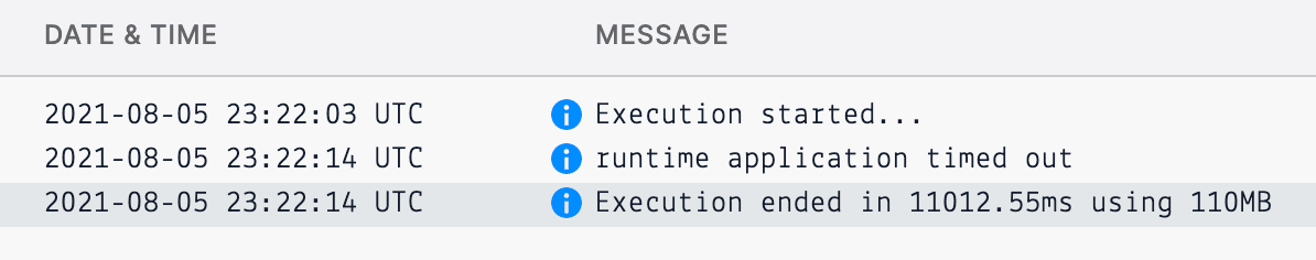 Log showing runtime application timed out after 11012.55ms using 110MB.