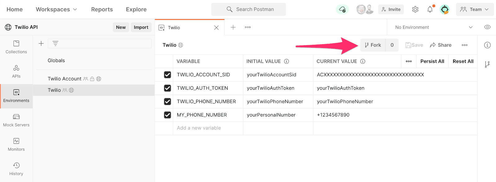 Create environment fork button.