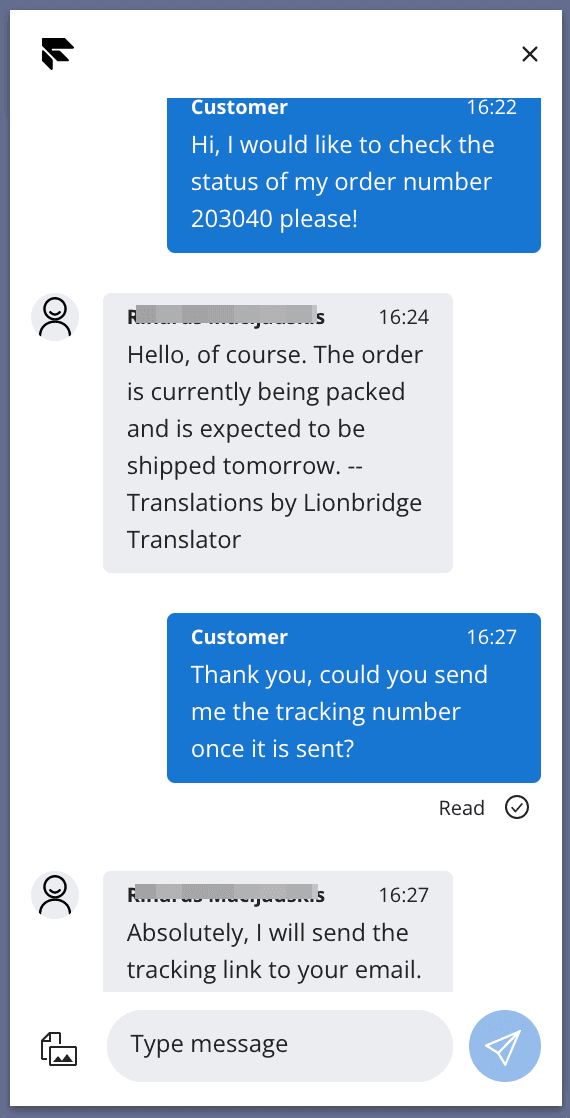 Chat with customer about order status and tracking information.