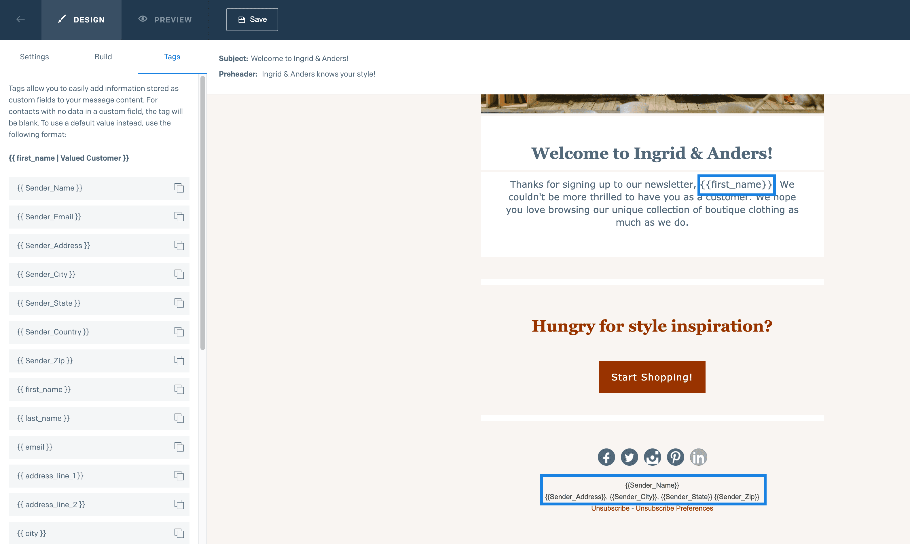 A template with the first_name substitution and multiple address substitutions in text fields.