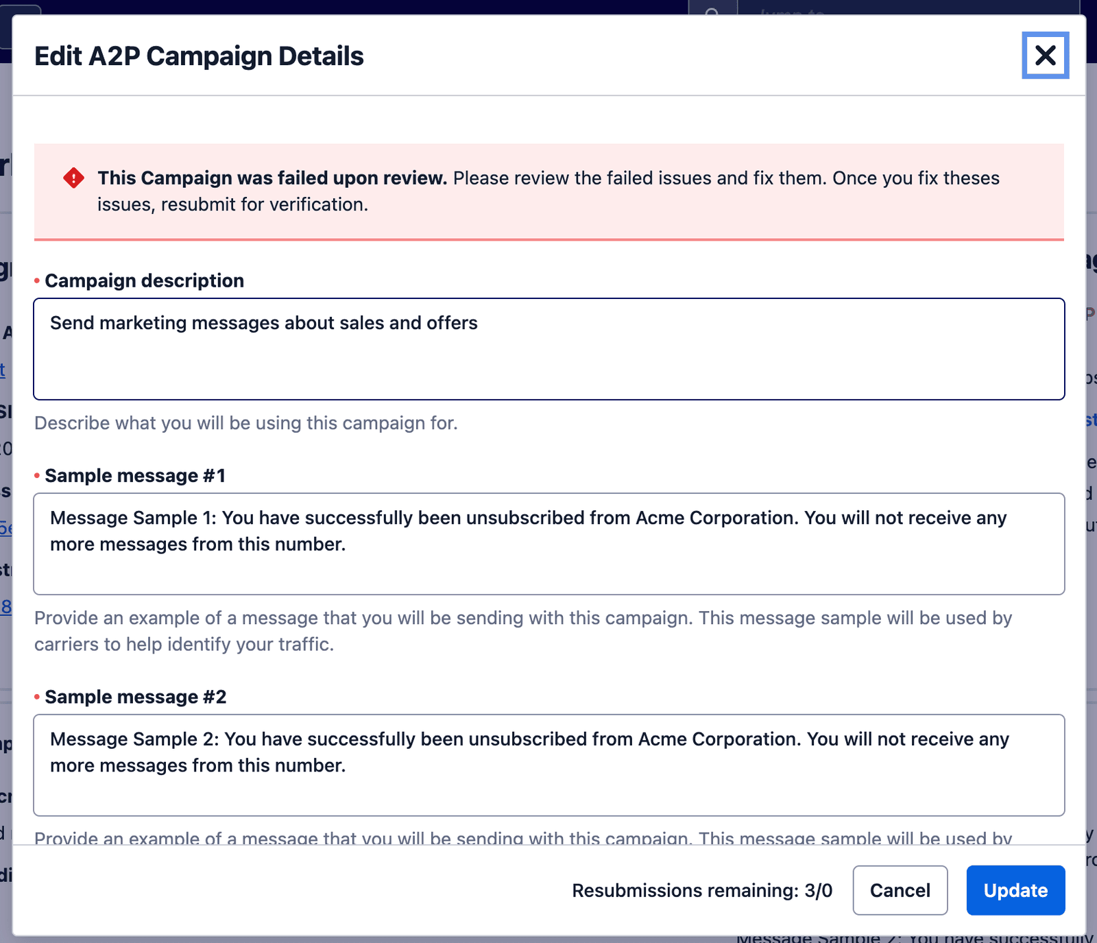 Edit A2P Campaign Details modal with failed review notice and sample messages.