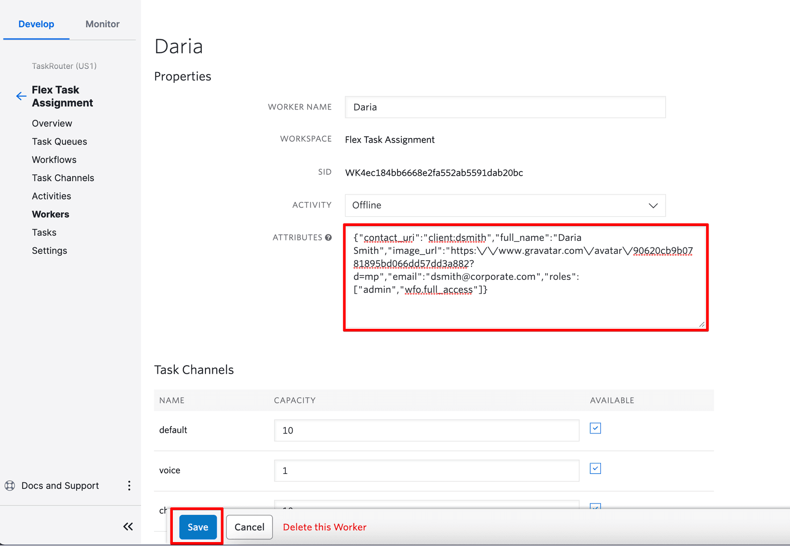 Worker profile for Daria with attributes JSON and save button highlighted.