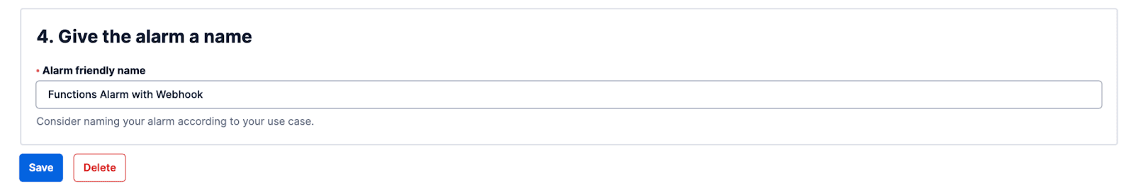 View of the Alarm name and save or delete step.